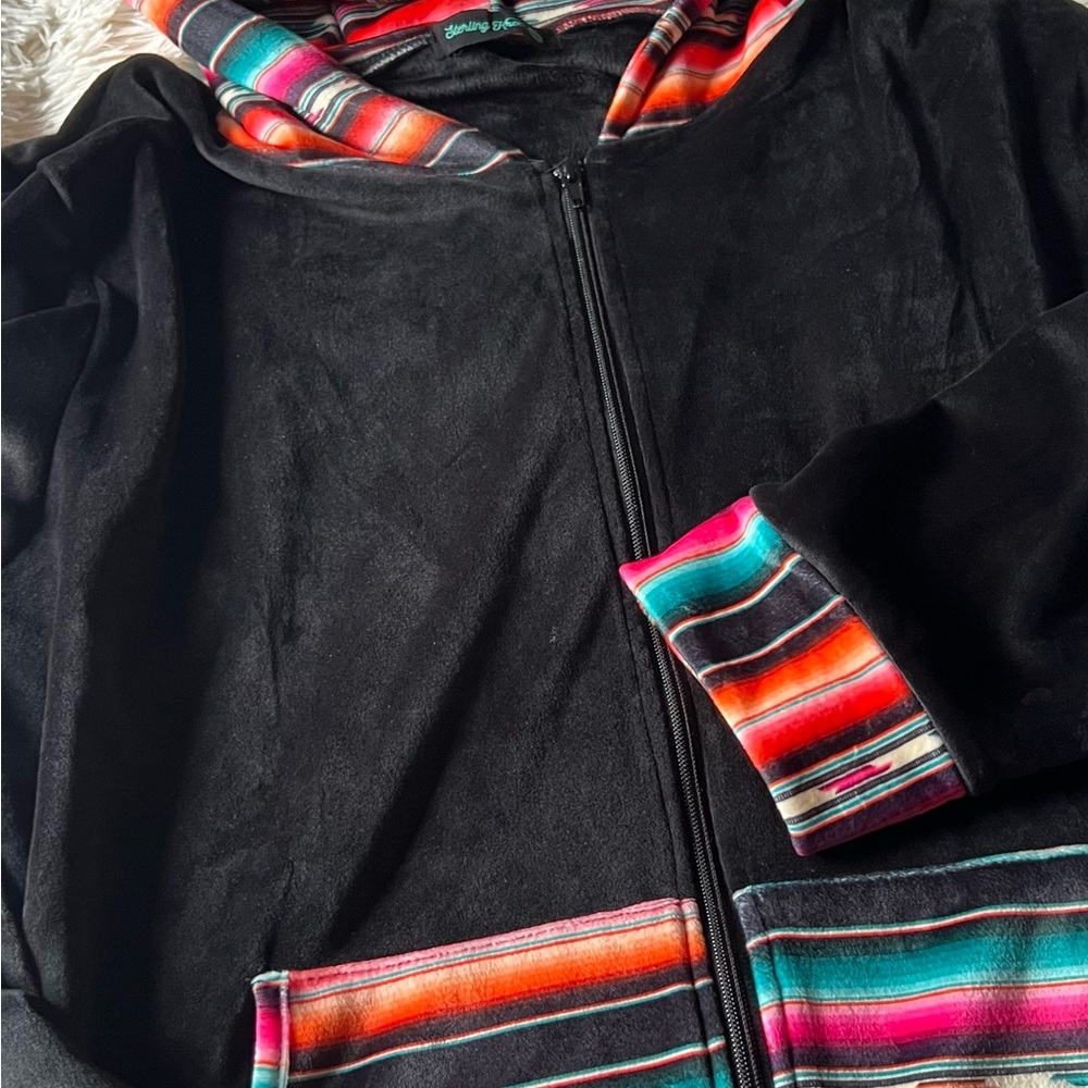 Black Zip Hoodie with Multicolor Serape Trim - Picture 3 of 4